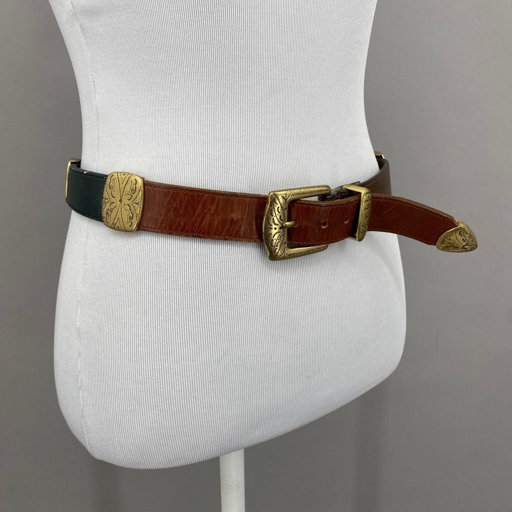 Vintage 1991 Western Leather Belt Womens Med Brass Etched Hardware Brown Black